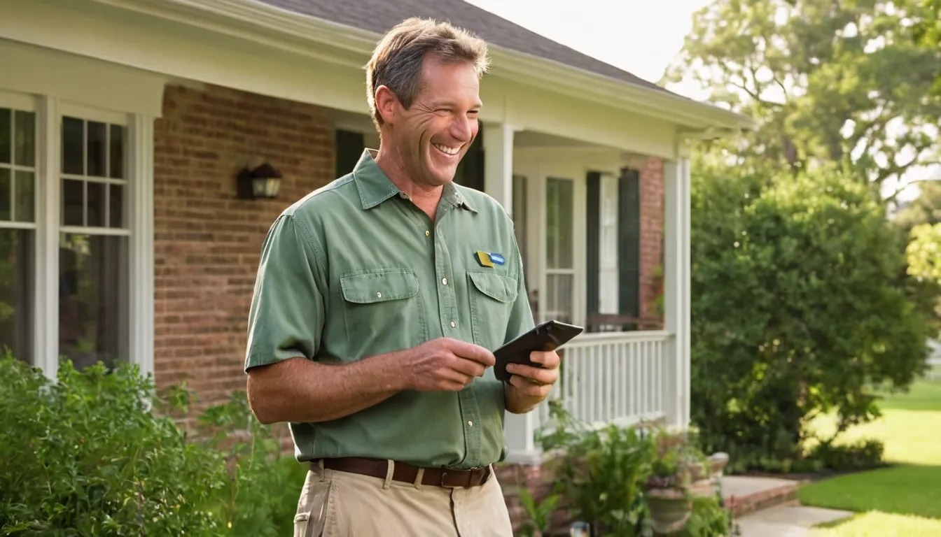 A friendly pest control provider talking with a homeowner outside an older brick house in Stonecrest